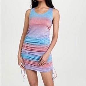 Le Superbe Baccara Ruched Striped Tank Dress Metallic Surf Size XS